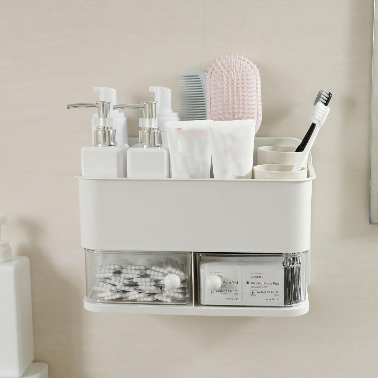 Wall Mounted Organizer for Bathroom, 2 in 1 Plastic Shower Caddy and Qtip Holder, Large Adhesive Storage Shelf with Drawer for Toothbrush Cups, Skincare Products