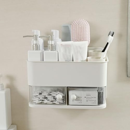 Miniatura 4 de Organizador de pared para baño, organizador de ducha de plástico 2 en 1 y soporte para Qtip, estante de almacenamiento adhesivo grande con cajón
