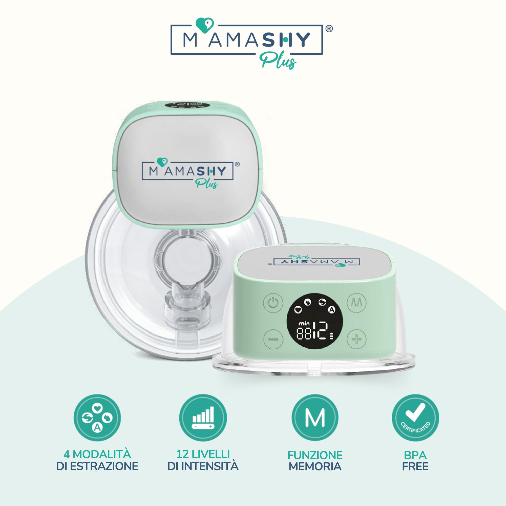 MAMASHY PLUS Tiralatte Elettrico Indossabile - Adatto a tutte le Taglie Unico con 6 Flange incluse, Ergonomico e Silenzioso in Morbido Silicone, Senza BPA, Ricaricabile USB, Neonato Accessori Utili