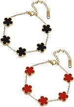 2 x Five-Leaf Clover Bracelet, Jewellery for Women Lucky Charm Stainless Steel Women's Bracelet Personalized Woman Mother's Day Christmas Gift for Women (Red+Black)