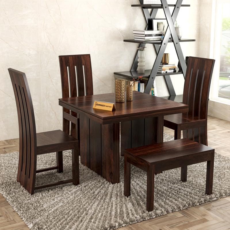 Image of Solid Sheesham Wood Dining Room Sets 4 Seater Dining Table with 3 Chairs & 1 Bench for Dining Room, Living Room, Kitchen, Hotel, Restaurant, Cafeteria (Estra, Walnut)