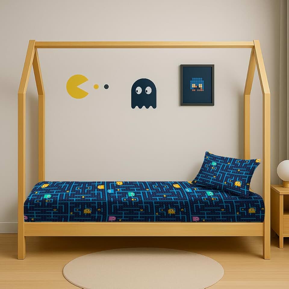 Jogo Lençol Mini Cama Montessoriana 70x150 com Elástico + Fronha 2 Peças Infantil Variados (Pac Pac Gamer)