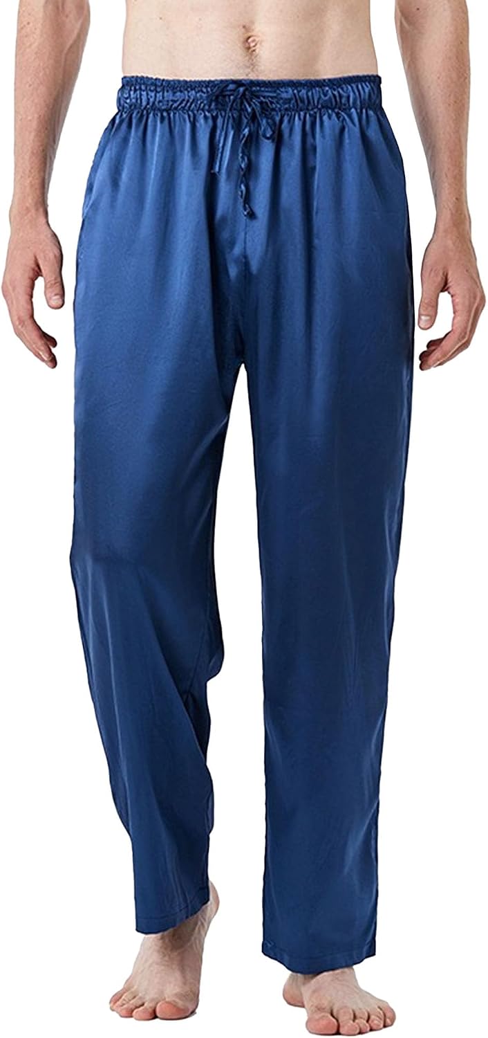 Men's Satin Comfort Solid Indoor Pants Straight Leg Casual Yoga Pants Drawstring Lightweight Trousers