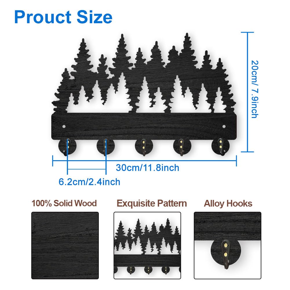 MAYJOYDIY Perchero de pared de 30 x 20 cm, madera densa, árbol de bosque, decoración de pared, soporte para llaves para pared, 5 ganchos de aleación, gancho negro, gancho de pared para sombrero,