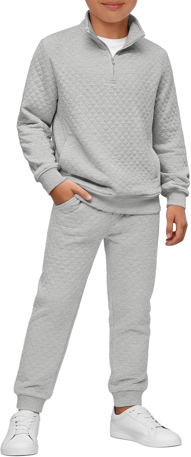 Boys 2 Piece Outfits Quilted Quarter Zip Sweatshirt and Jogger Set