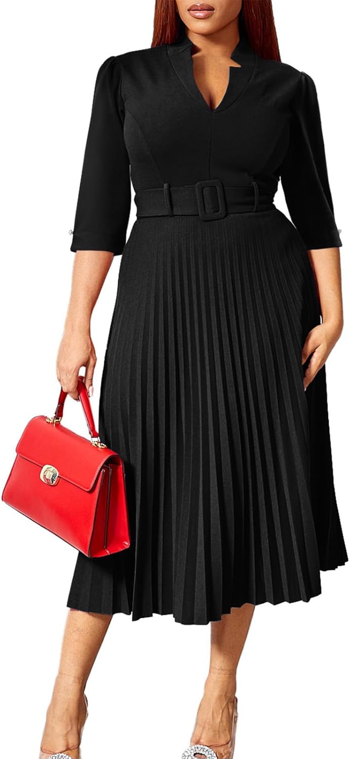 Ekaliy Women's V Neck Business Casual Shirt Dress for Women 3/4 Sleeves Pleated Midi Dresses with Belt