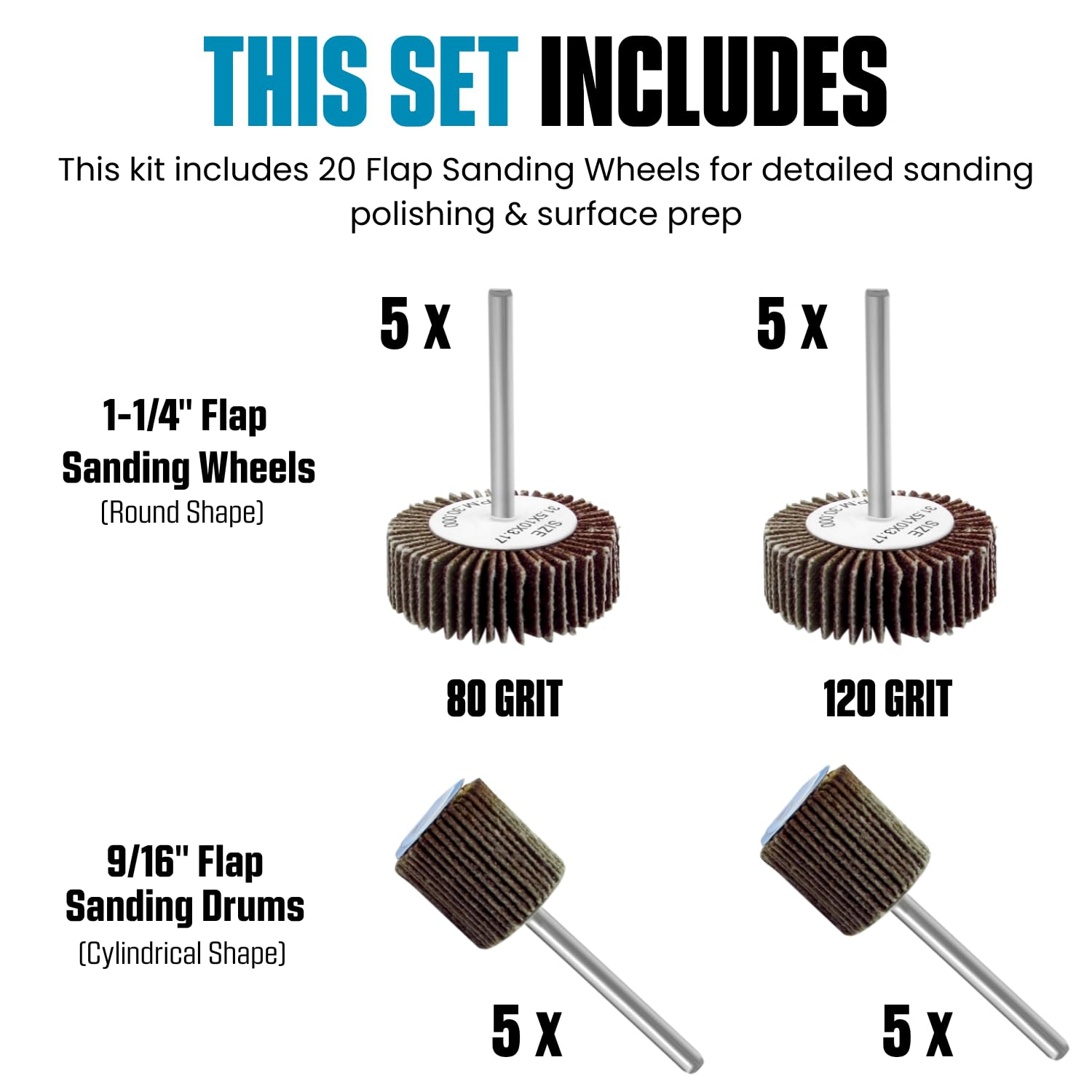 LINE10 Tools Mini Flap Sanding Wheel Rotary Tool Accessories Kit, 1/8-inch Shank, Pack of 20