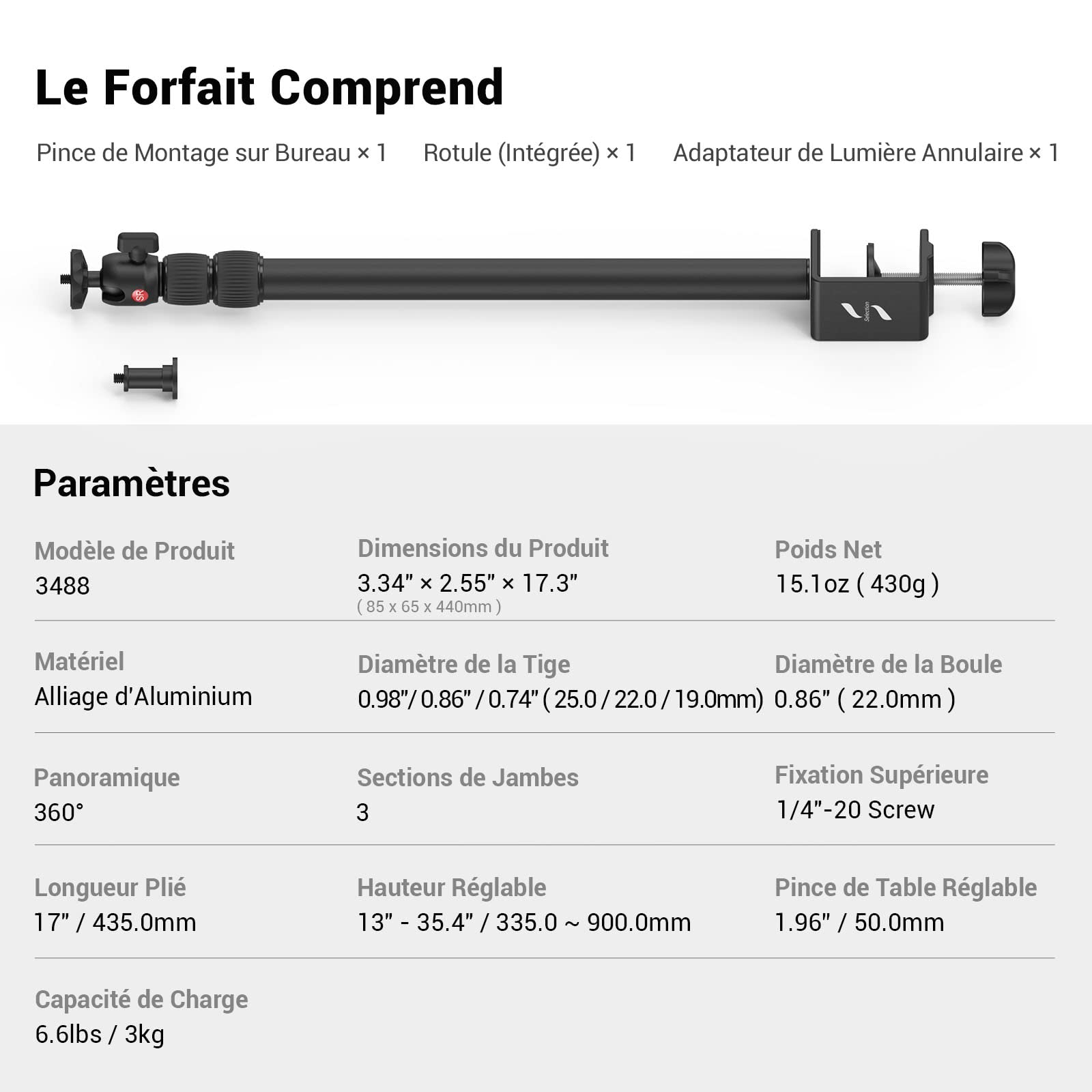 SMALLRIG Support de Table pour Appareil Photo Montage sur Bureau avec Rotule 1/4", Support d'Éclairage Réglable de 13'' à 35,4''(33cm-90cm), Pince de Table en C - 3488