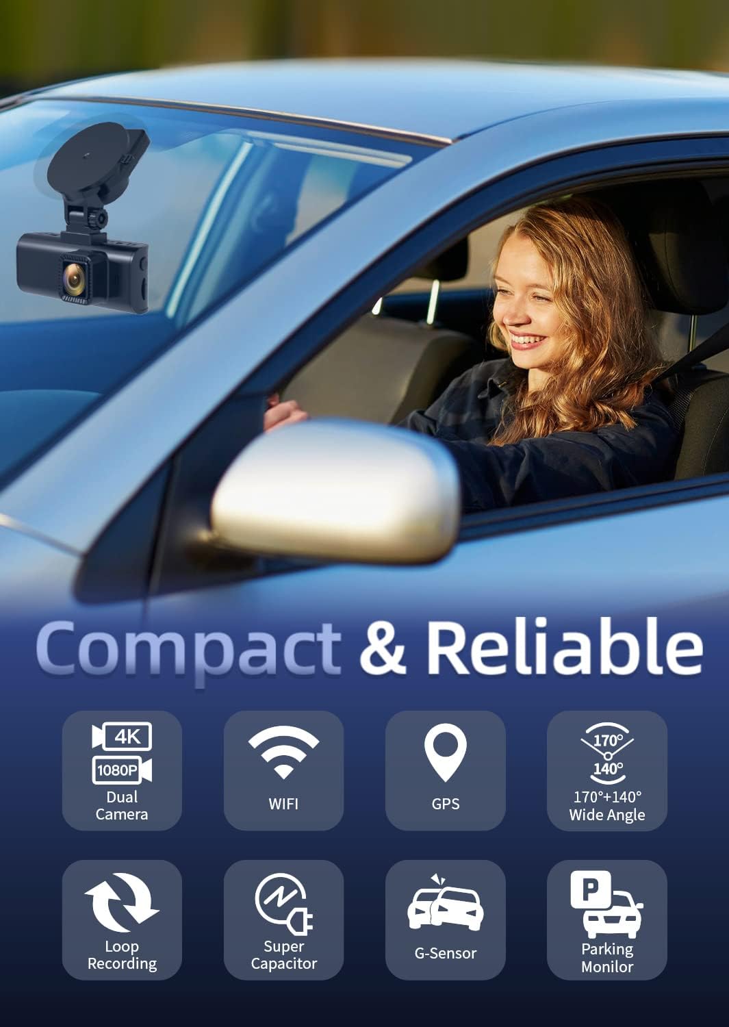 REDTIGER F7NP Dash Cam mounted in a car, highlighting features like 4K Dual Camera, WiFi, GPS, Wide Angle, Loop Recording, Super Capacitor, G-Sensor, and Parking Monitor.