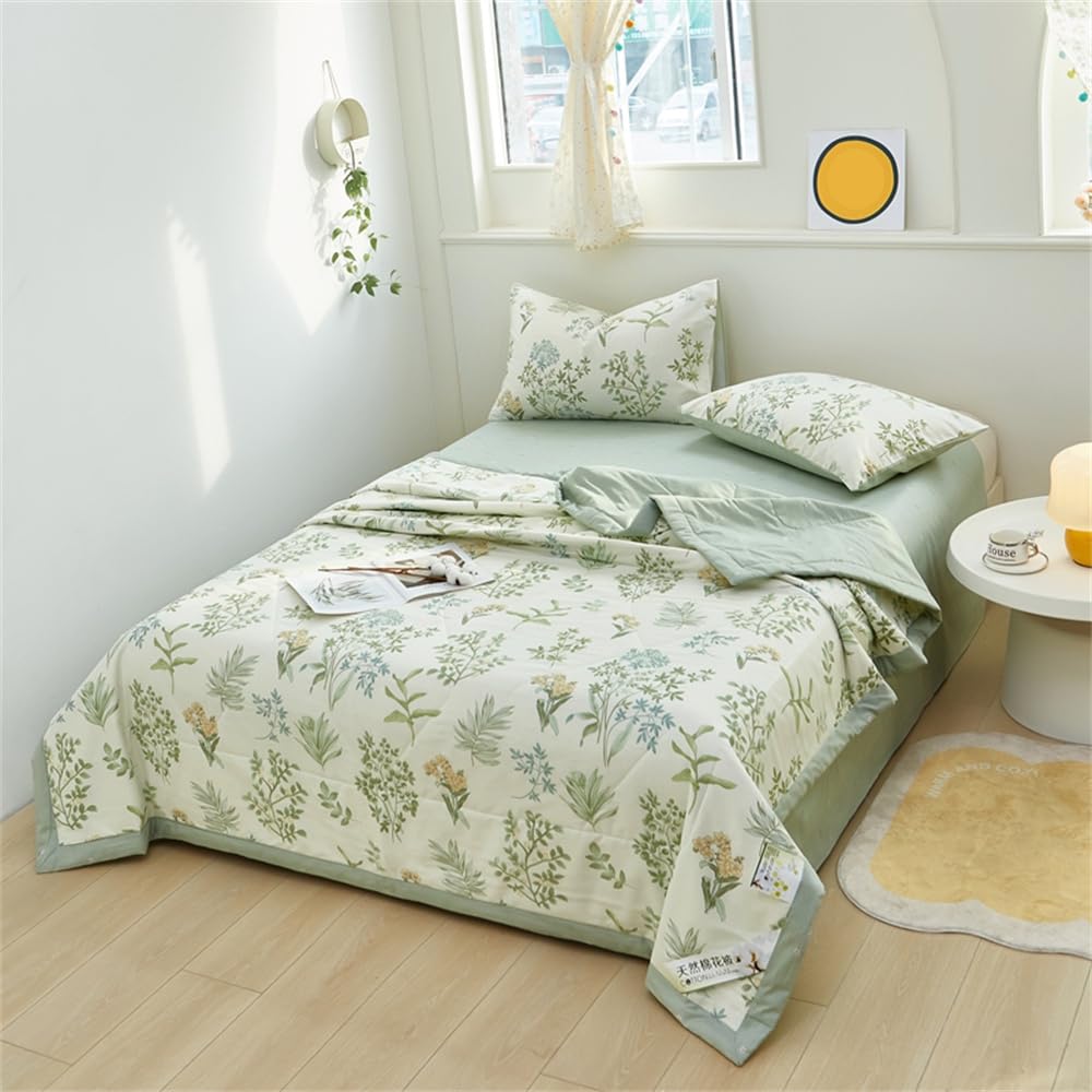 FANSU Copriletto Trapuntato Matrimoniale Singolo Elegante Coperta Trapunta Autunno Stampa Floreale Nordica 100% Cotone Antipolveri Copri Letto per Camera da Letto (Piante verdi,200x230cm)