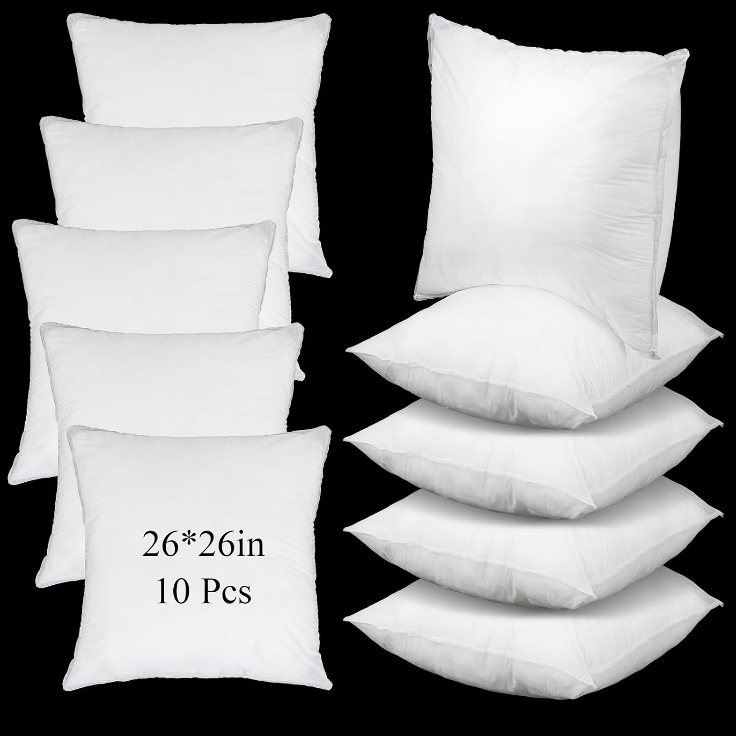 Soaoo 10 Pcs 26x26 Inch Pillow Inserts Set, Fit in 24x24 Inch Pillow Covers, Filled in 1000g Polyester Stuffer, Extra Large Euro Cushion Inserts for Home Office Decor, Bed, Couch, Car, Gifts