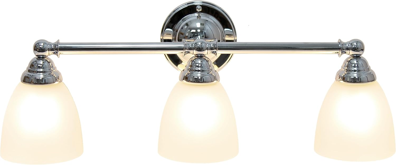 Simple Designs VT1025-CHR 25" Classic 3 Light Metal Bar and Frosted Cone Shape Glass Shades Decorative Wall Mounted Vanity, Chrome