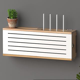 Solid Wood Wireless Router Storage Box， WiFi Router Modem Cable Power Plug Wire Storage Boxes Wall Mount， Set-top Box Rack for Storing Routers and Combing，White-C