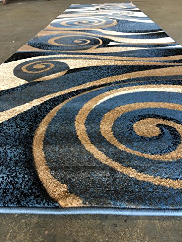 Sculpture Modern Long Abstract Runner Area Rug Blue Beige Black Design 258 (32 Inch X 15 Feet 10 Inch) #TOP5