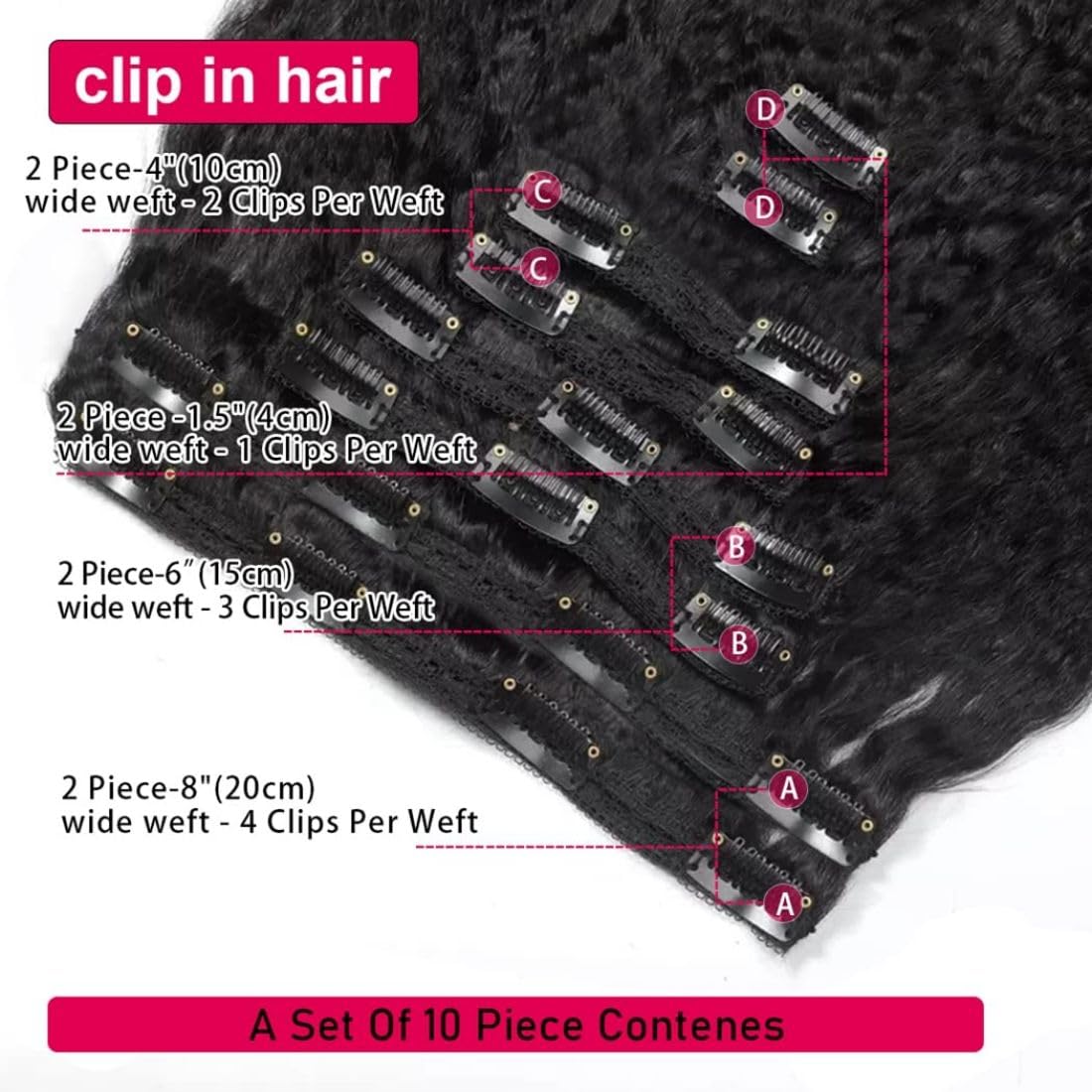 Yaki Straight Clip in Extensions Echthaar，40cm 16 Zoll 8PCS 100g Natürliches Schwarz Haarverlängerung für Frauen Kinky Straight Remy Hair Extensions Clip in