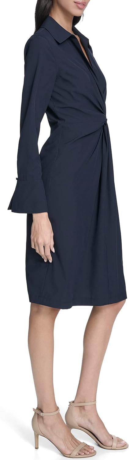Calvin Klein Womens Long Sleeve Collared Knotted Crepe Knee Length Dress - Image 4