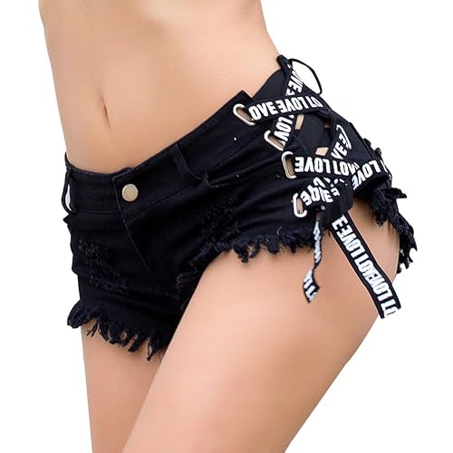 FEOYA Women's Frayed Denim Shorts Sexy Lace Up Mini Hot Pants Cut Off Ripped Hole Booty Shorts Jeans Clubwear - Medium - Black