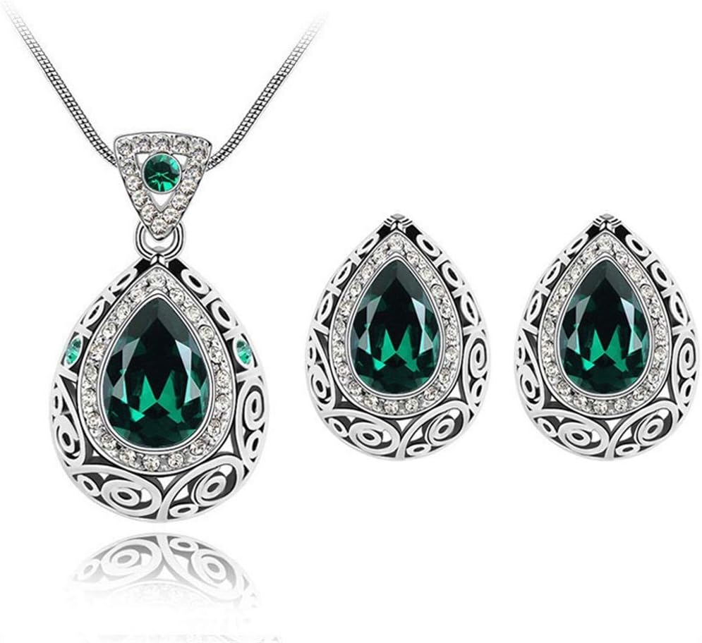 AILUOR Fashion Waterdrop Crystal Jewelry Set, Retro Vintage Celtic Knot Waterdrop Green Gemstone Water Drop Pendant Necklace Stud Earrings Jewelry Set for Women Mother Bridal Wedding