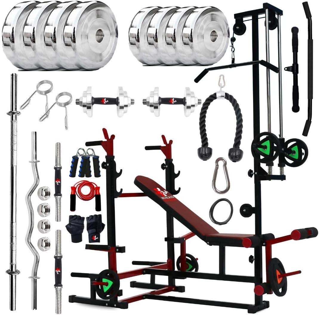 - 20-in-1 Gym Bench Pro Combo Set for Home Workout, 10KG Steel Weight Plates, Dumbbells, Curl Bar, Straight Rod, Gloves, Skipping Rope & Gripper, Full Body Strength Kit