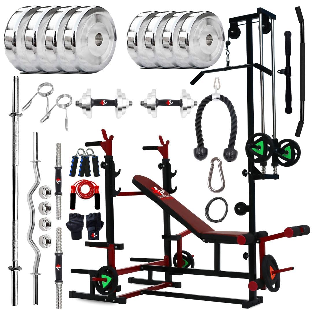 MUSCAZO FITNESS: 20-in-1 Gym Bench Pro Combo Set for Home Workout, 30KG Steel Weight Plates, Dumbbells, Curl Bar, Straight Rod, Gloves, Skipping Rope & Gripper, Full Body Strength Kit