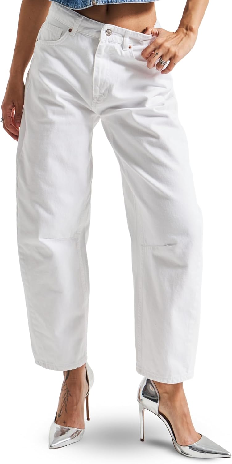 IT'S BASIC Cropped Barrel Jeans Women Relaxed Fit White Denim Mid Rise Wide Leg Jeans for Women, Trendy White Wide Leg Pants