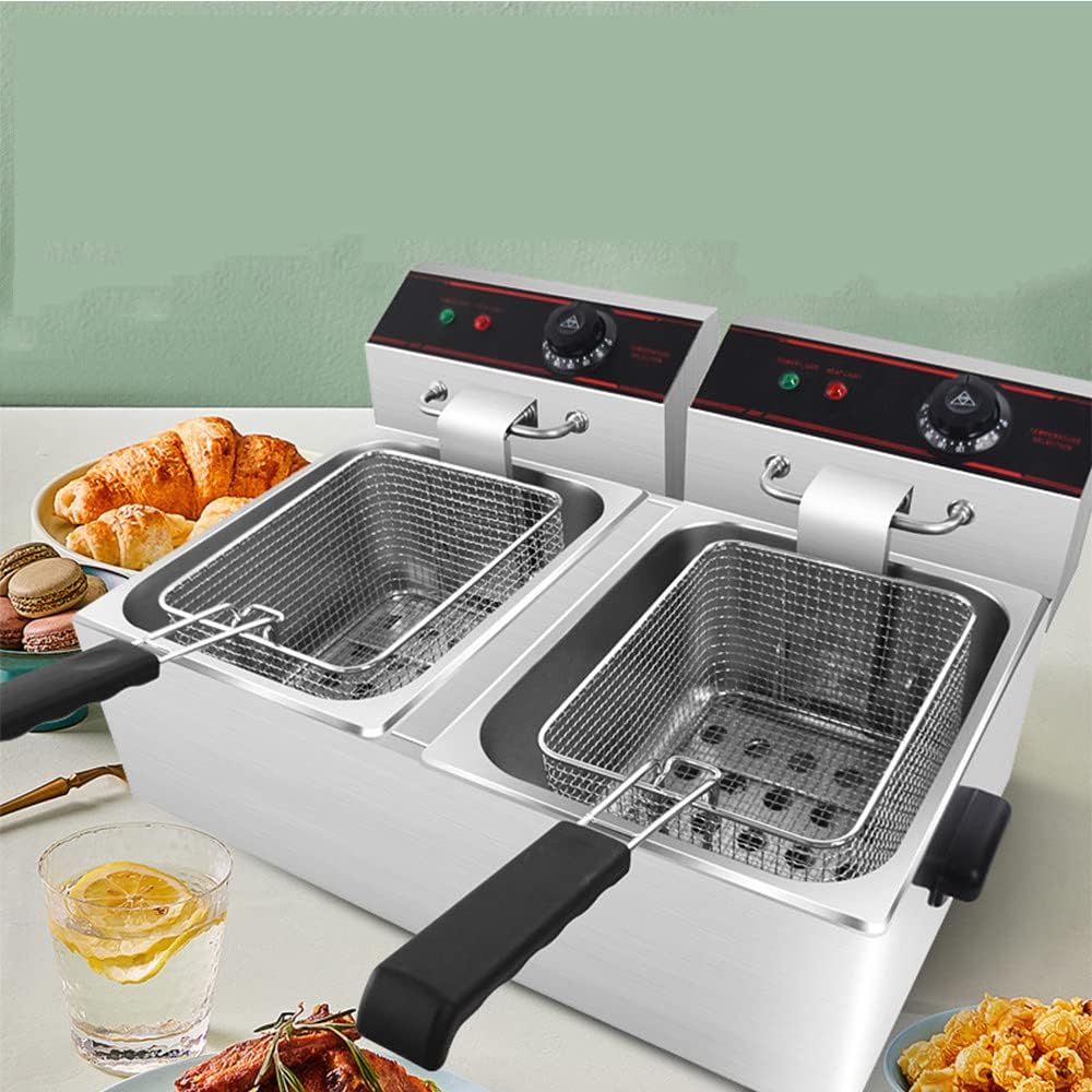 8/16l Fryer, Electric Commercial Fryer, with Removable Basket, Large Worktop Stainless Steel 2 Basket Fryer Fries Fish 3000/6000w，Fried Fish,220V-8L+8LDoublecylinder