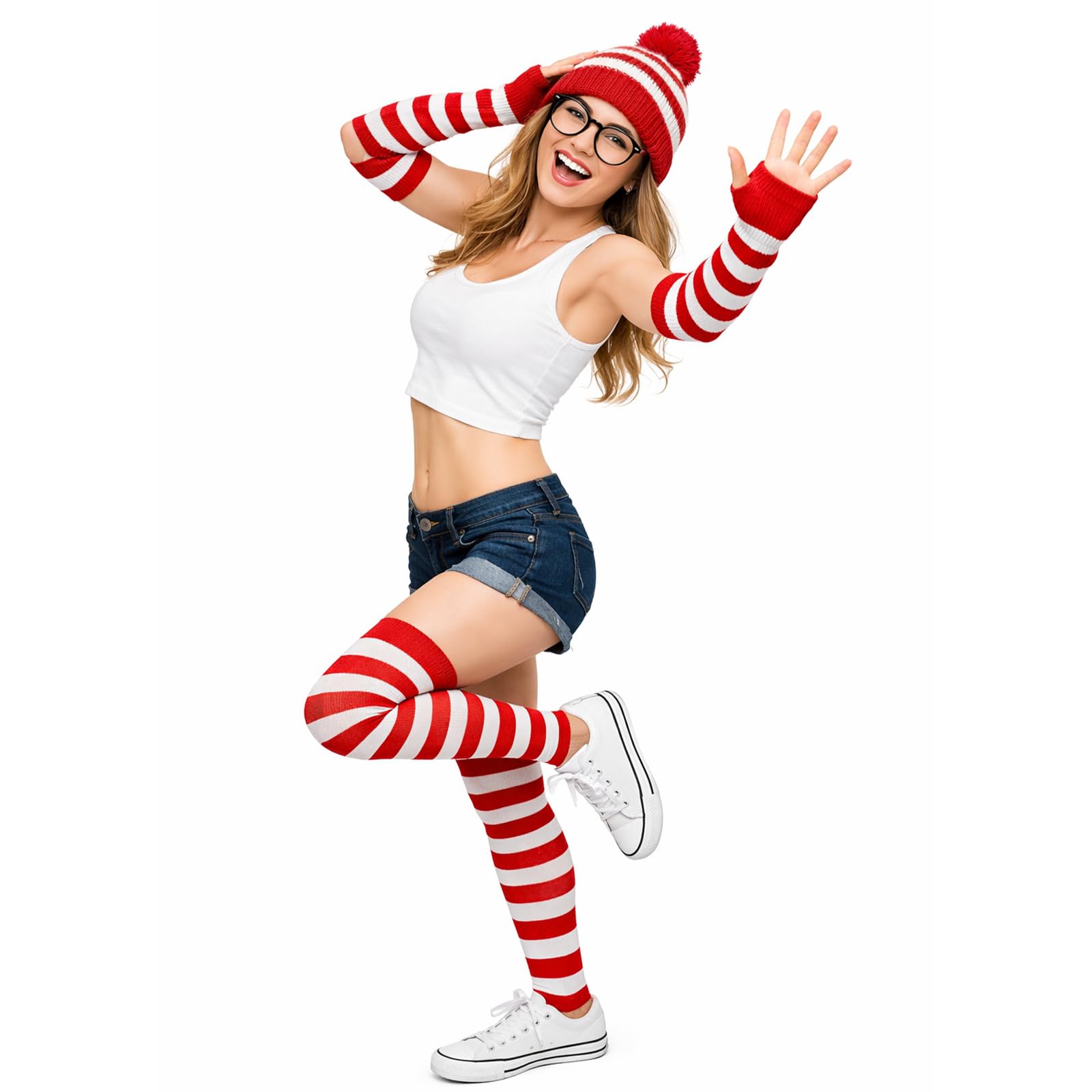 MUNSKT Wheres Wally Costume Set,Traje sombrero de alta forma gafas calcetines Guantes de rojo y blanco para mujer,traje más fresco para el día mundial del libro — view 6