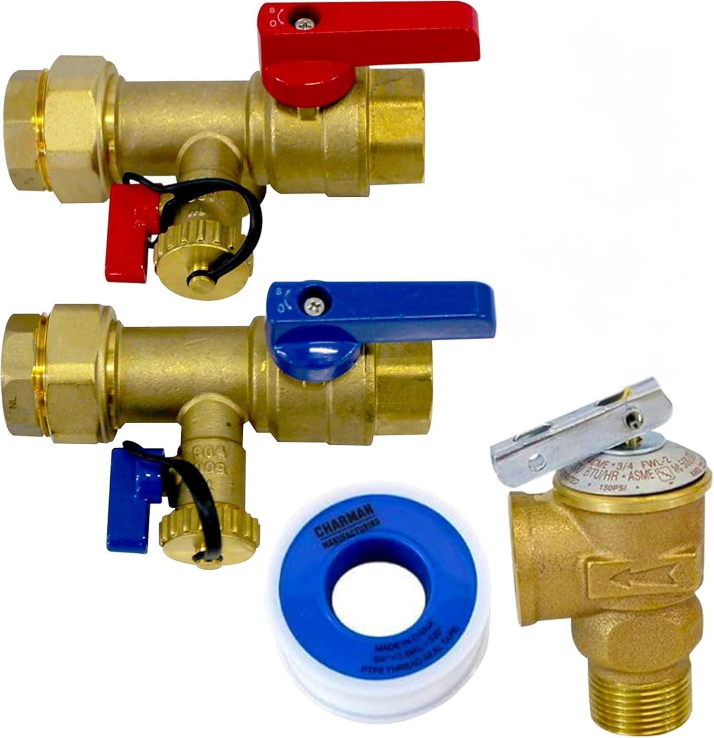 CMI Inc - 1 Inch IPS Tankless Water Heater Isolation Service Valve Kit – Female to Female Threaded Brass Valves with Pressure Relief for Hot Water - Compatible with Most Tankless Water Heaters