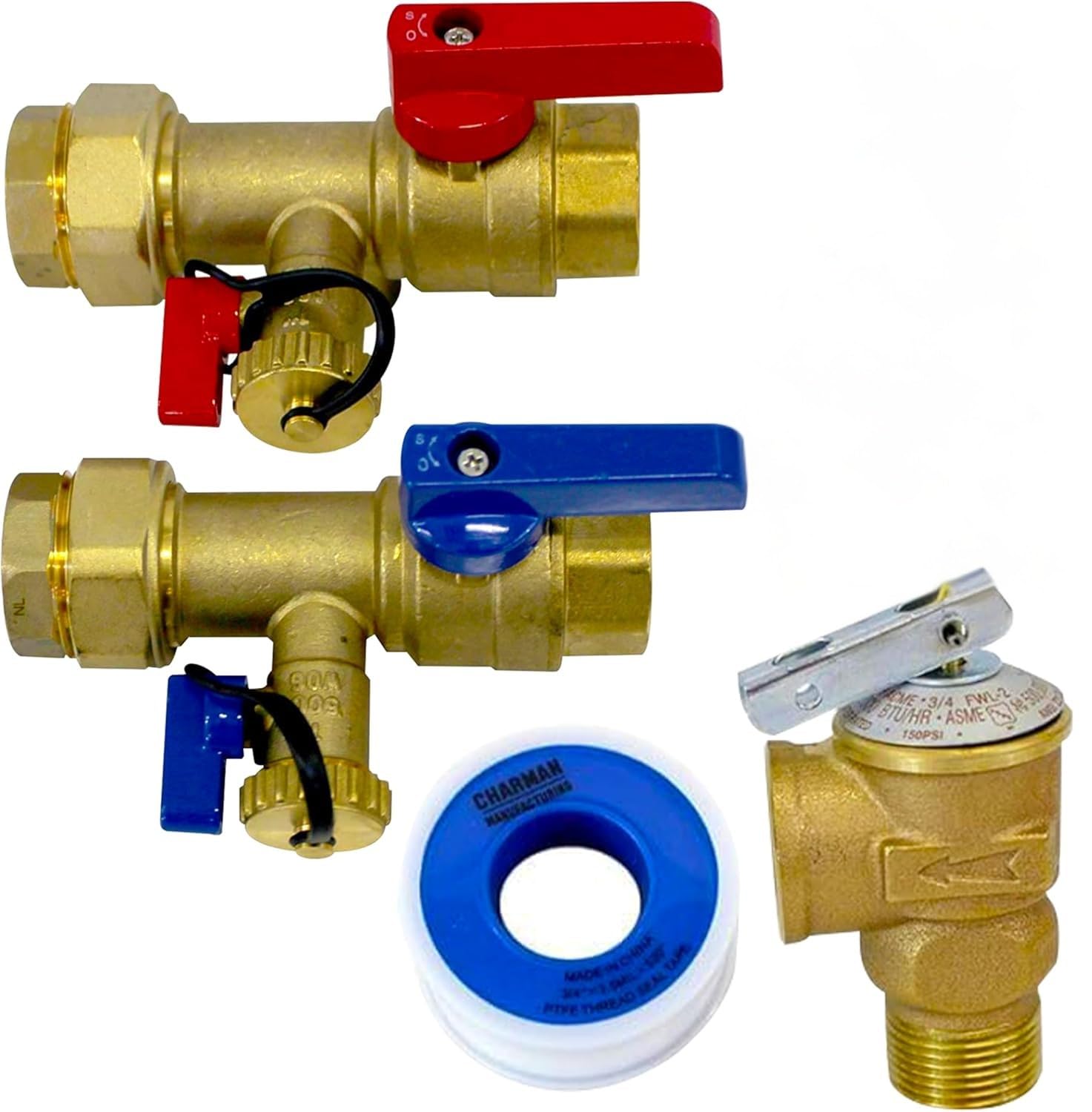 CMI Inc - 1 Inch IPS Tankless Water Heater Isolation Service Valve Kit – Female to Female Threaded Brass Valves with Pressure Relief for Hot Water - Compatible with Most Tankless Water Heaters
