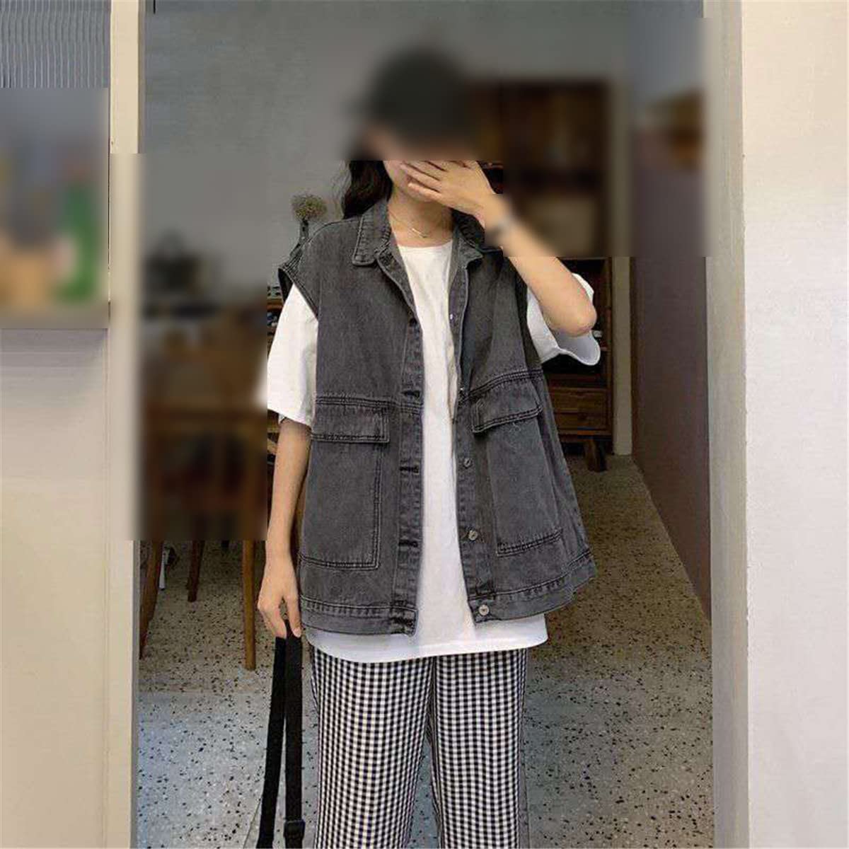 Canotta in denim blu da donna vintage grande tasca nero denim canotta senza maniche cardigan giacca, Blu, XL