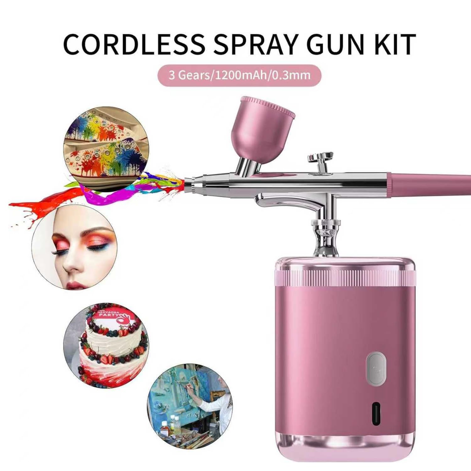 Kit aérographe avec compresseur et pistolet à main, buse de 0,3 mm, 3 niveaux de pression, batterie 1200 mAh, idéal pour nail art, maquillage, décoration de gâteau, peinture de maquette