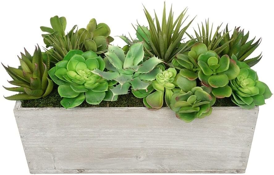 Artificial Succulent Garden in Rectangle Planter (Light Grey Wood)