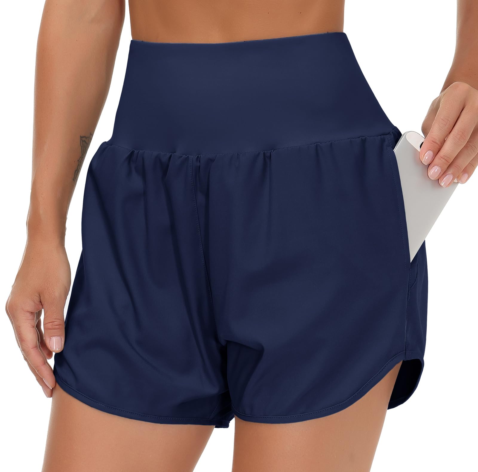THE GYM PEOPLE Women’s High Waist Running Shorts with Liner Athletic Hiking Workout Shorts Zip Pockets