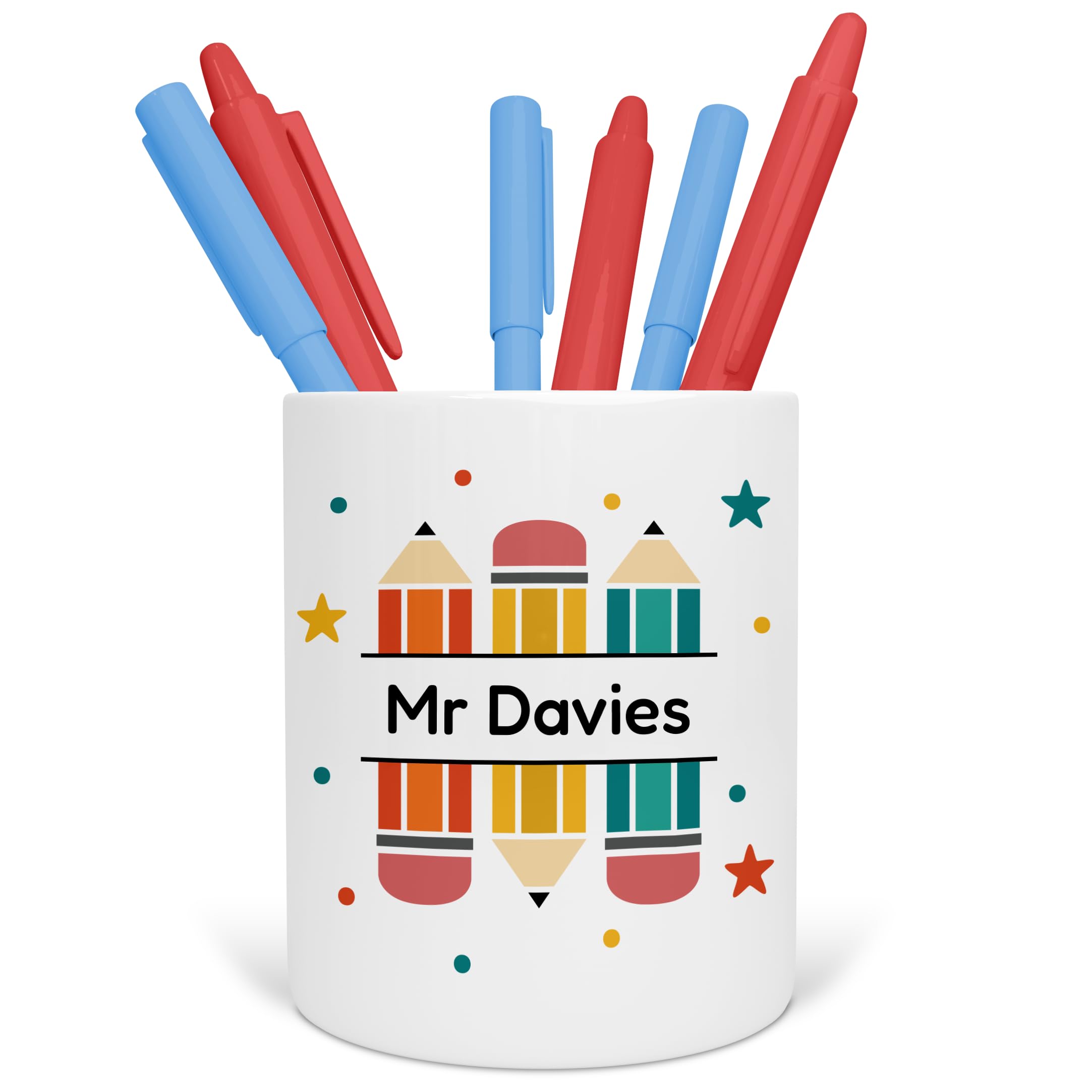 Personalised Teacher Pen Pot - Custom Rainbow Desk Organiser for School, Nursery or Office - End of Term Gift for Teaching Assistant, TA - Ceramic Pencil Holder (Pencils)