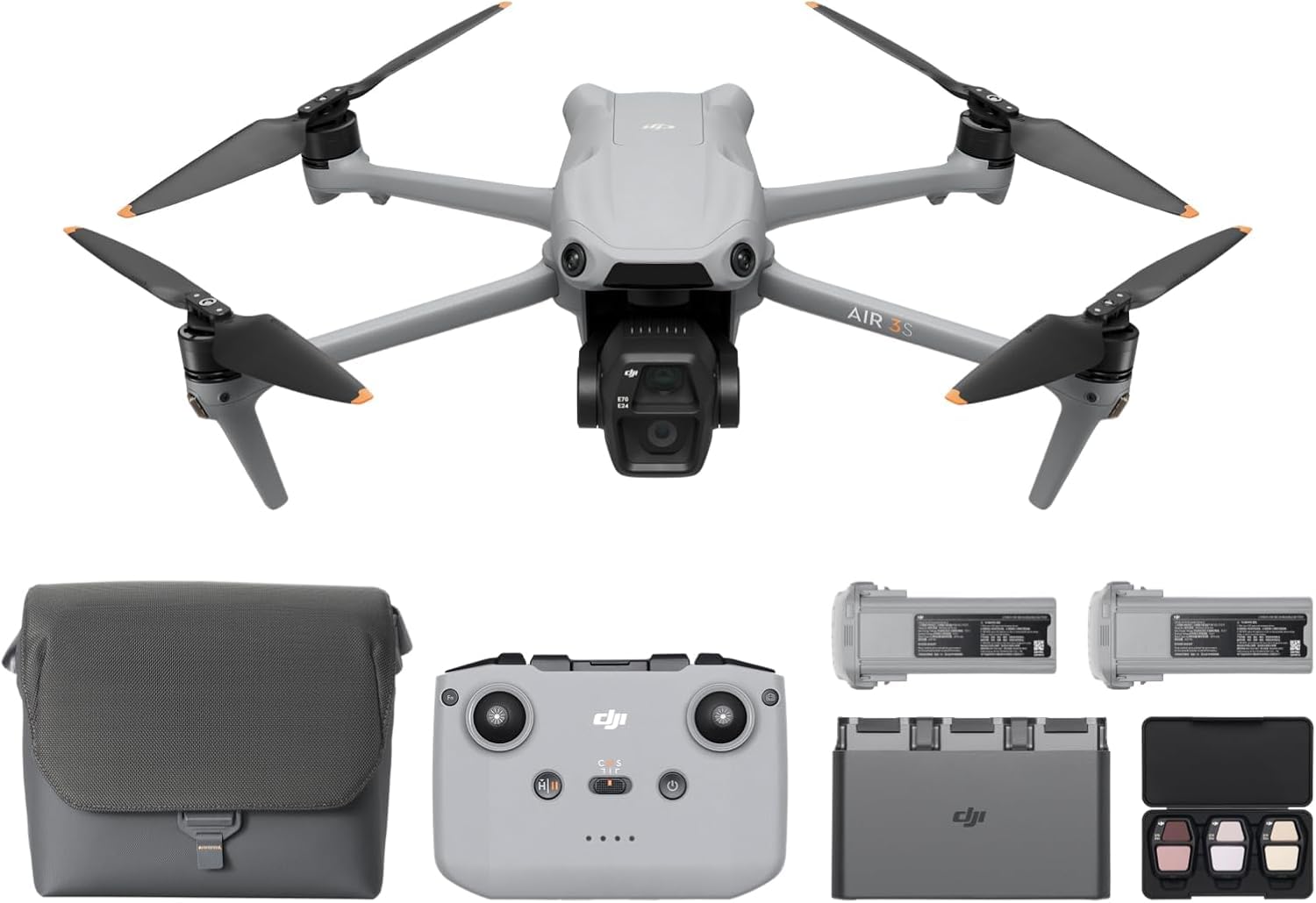 DJI Air 3S Combo Fly More (RC-N3), drone con grandangolare CMOS 1" e teleobiettivo medio, video HDR 4K/60fps, rilevamento omnidirezionale ostacoli in notturna e 3 batterie per volare più a lungo