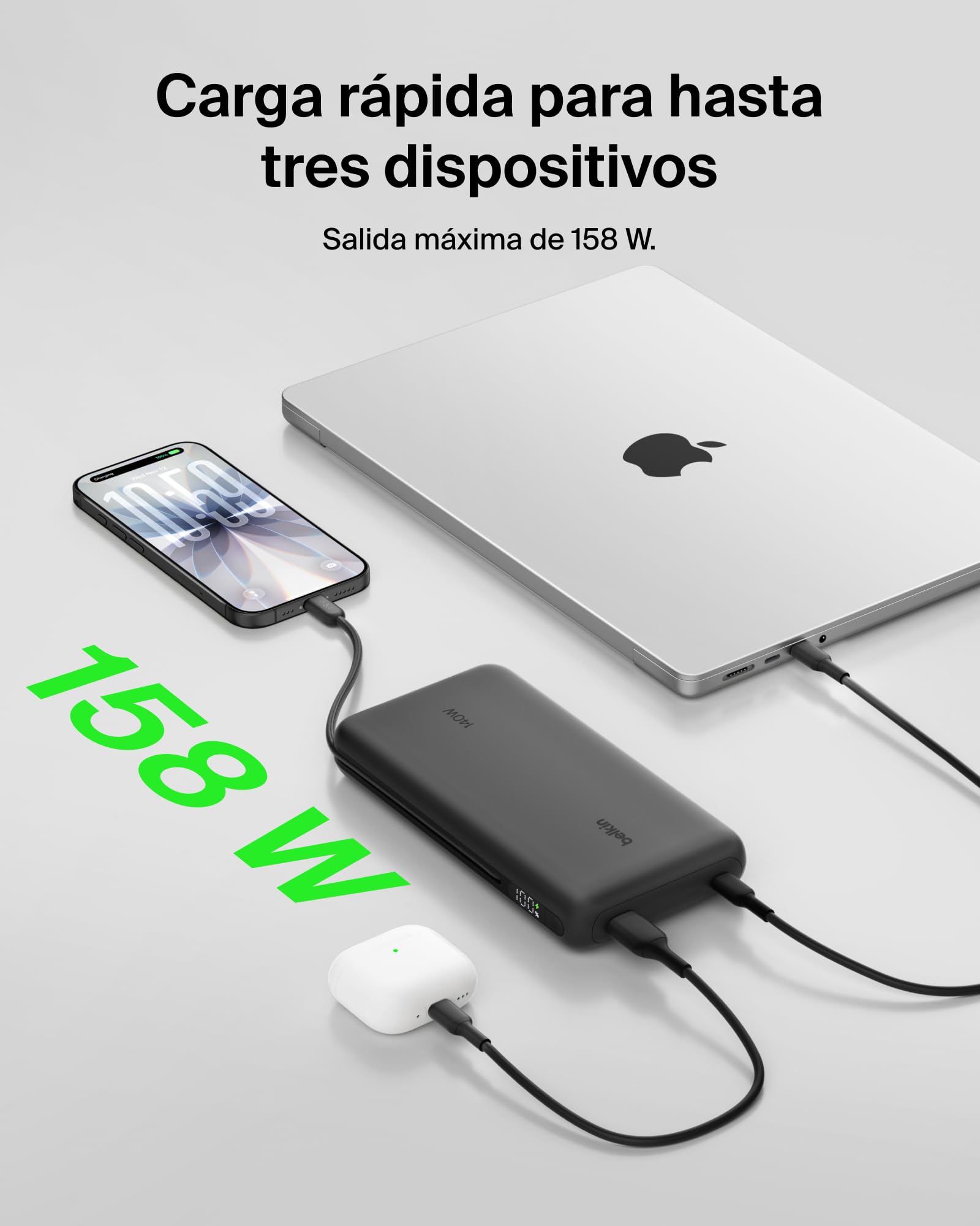 Belkin UltraCharge Pro Batería Externa 25 000 mAh para Portátiles - Negro | Power Bank de 25000 mAh, 1 puerto y 1 cable USB-C, 1 puerto USB-A, Power Delivery a 158 W, Pantalla, Batería Portátil