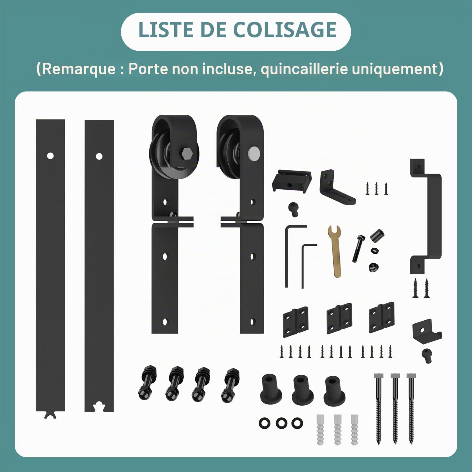 Kit complet de ferrures pour porte coulissante - 100 cm - Noir - Pour 2 portes - Peu encombrant - Rail de porte coulissante robuste