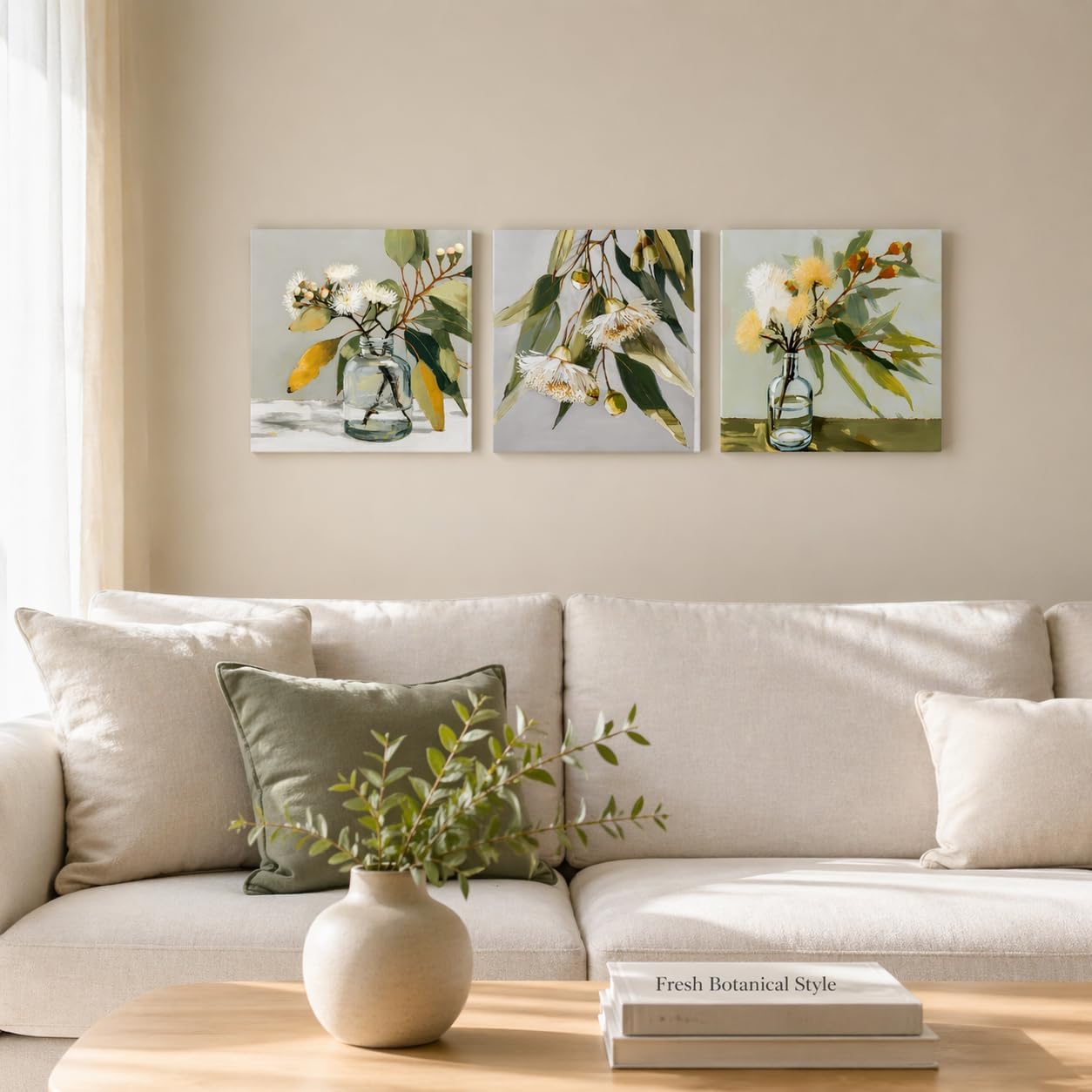 Eucalyptus Botanical Wall Art Set of 3, 12x12 Inch Canvas Prints, Minimalist Green Floral Artwork, Modern Farmhouse Bathroom Bedroom Living Room Decor, Framed Ready to Hang (Eucalyptus Green )