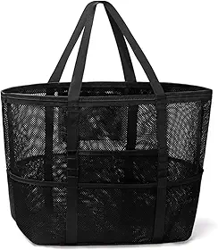 Bolsa Grande Praia em Tela Impermeável 45 cm – 10 Bolsos Extras, Fecho com Zíper, Alças Reforçadas – Ideal para Toalhas, Brinquedos e Piqueniques