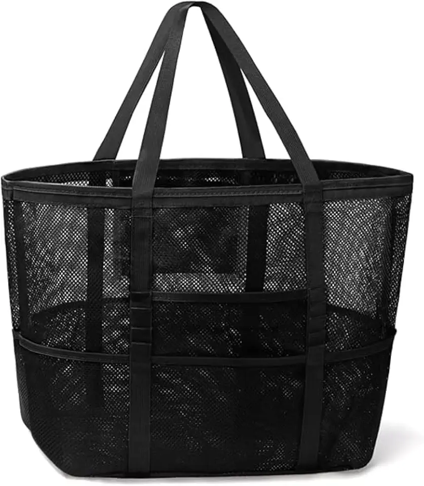 Bolsa Grande Praia em Tela Impermeável 45 cm – 10 Bolsos Extras, Fecho com Zíper, Alças Reforçadas – Ideal para Toalhas, Brinquedos e Piqueniques