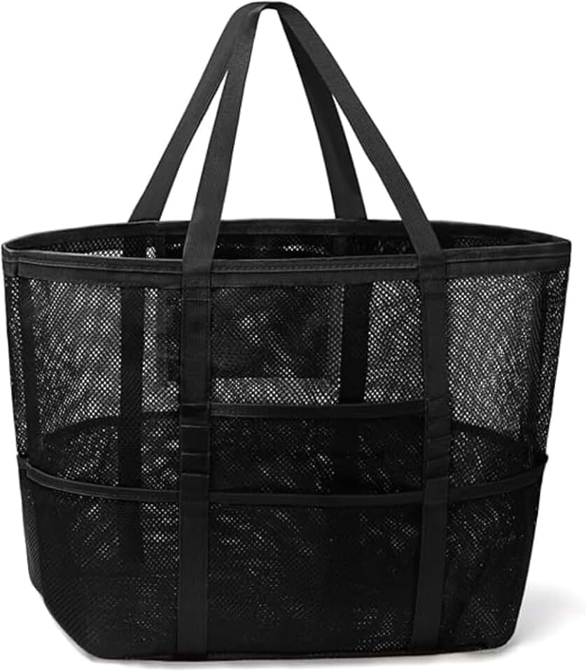 Bolsa Grande Praia em Tela Impermeável 45 cm – 10 Bolsos Extras, Fecho com Zíper, Alças Reforçadas – Ideal para Toalhas, Brinquedos e Piqueniques