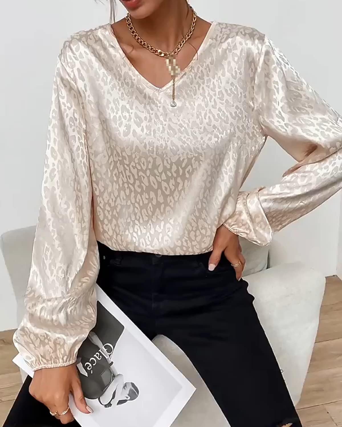 Womens Sexy V Neck Faux Satin Work Dressy Blouse Lantern Long Sleeve Leopard Silky Office Tee Shirt
