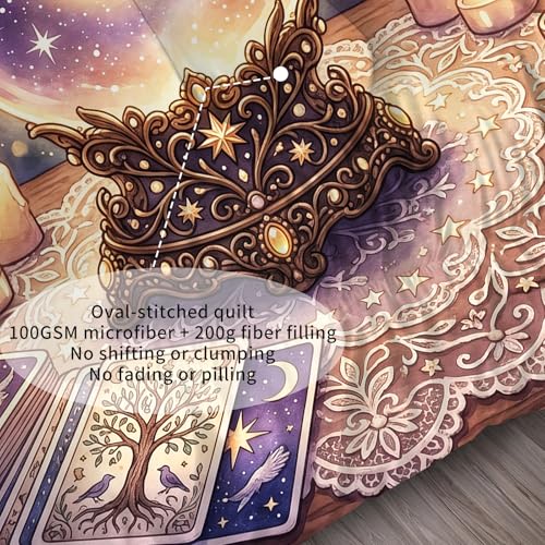 Image of Mystical Crystal Ball Bedding Set King Size, 3 Piece Soft Microfiber Comforter Set with Tarot and Moon Print, Includes 1 Comforter 2 Pillowcases for Witchy Bedroom Decor
