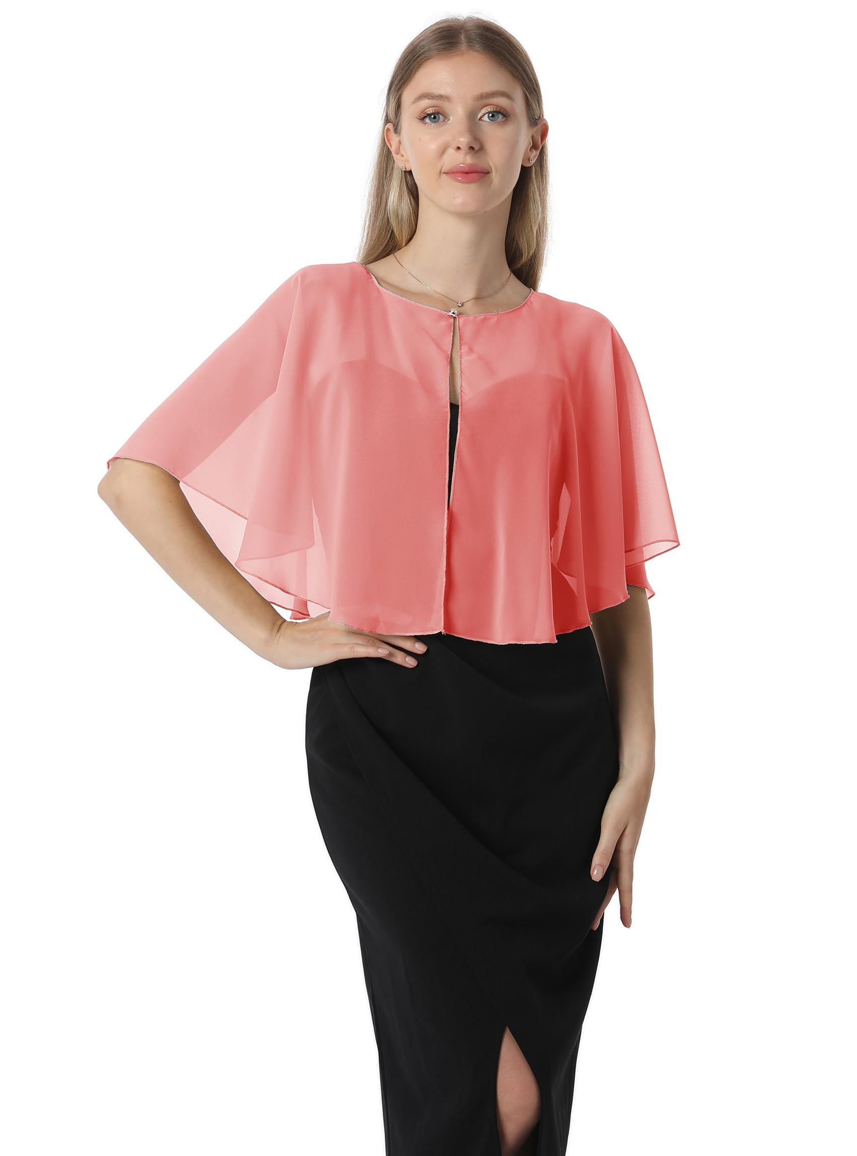 Soft Capelets capes Shawls and Wraps for Dress Chiffon Shrug Wedding Cape Cover Up, Coral, One Size