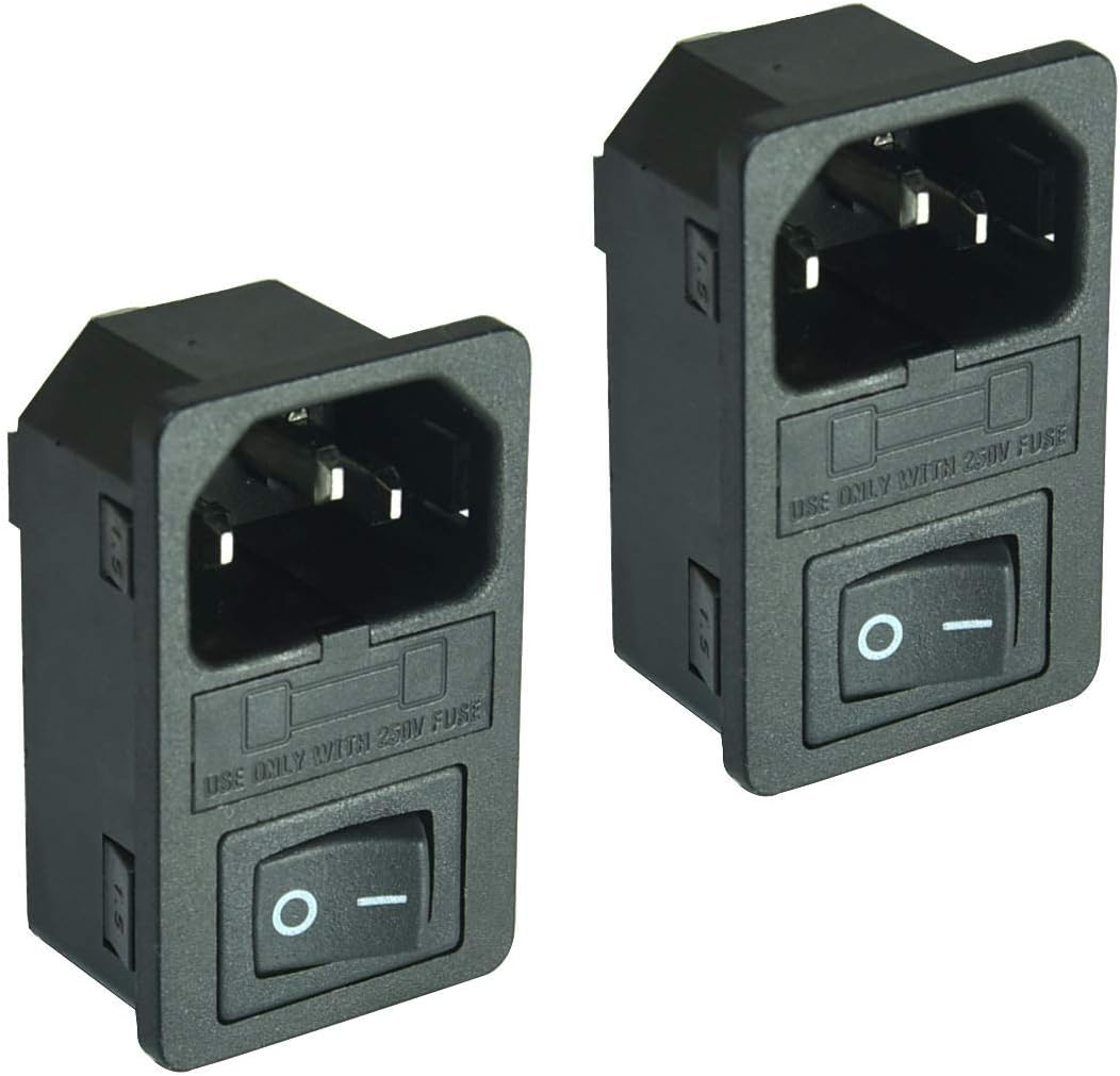 FILSHU 2pcs Large Current Inlet Male Power Socket with 15A Rocker Switch and Fuse, 15A 250V 3Pin IEC320 C14, Black