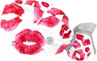 2PCS Working Hats for Men Lips Print Pattern Adjustable Women Work Caps Bouffant Hats with Sweatband, Multi, One Size