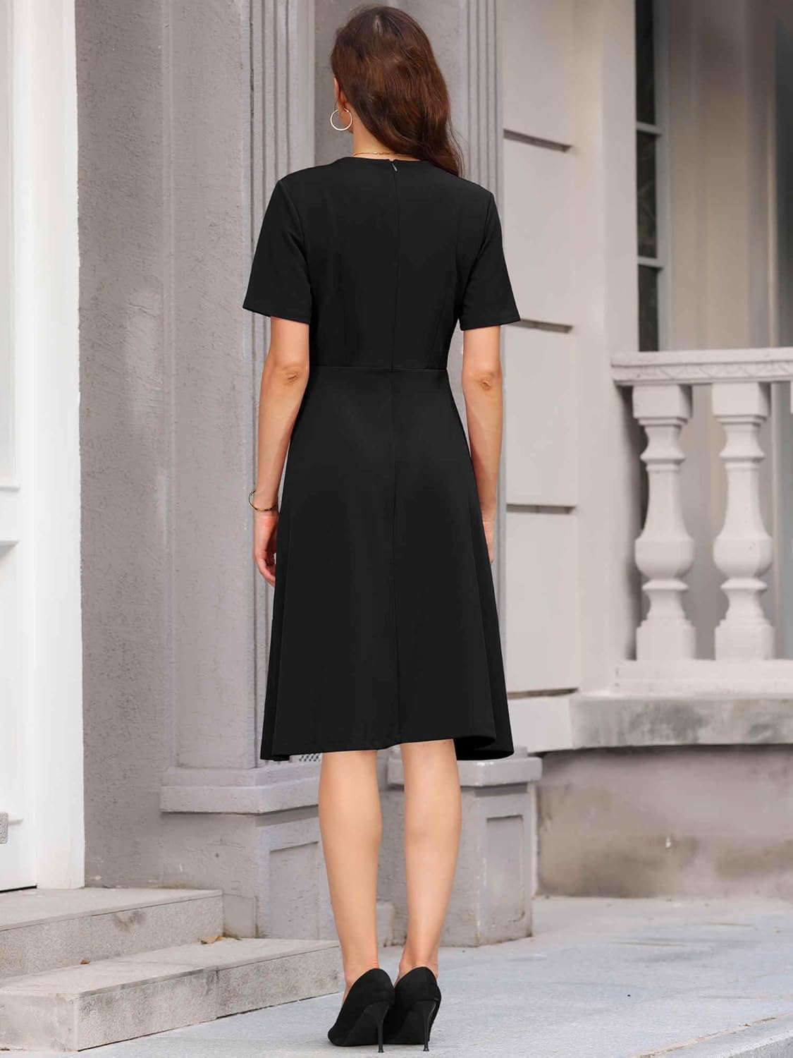 Women's Tweed A-Line Dress V Neck Short Sleeve Dress with Pockets - Image 5