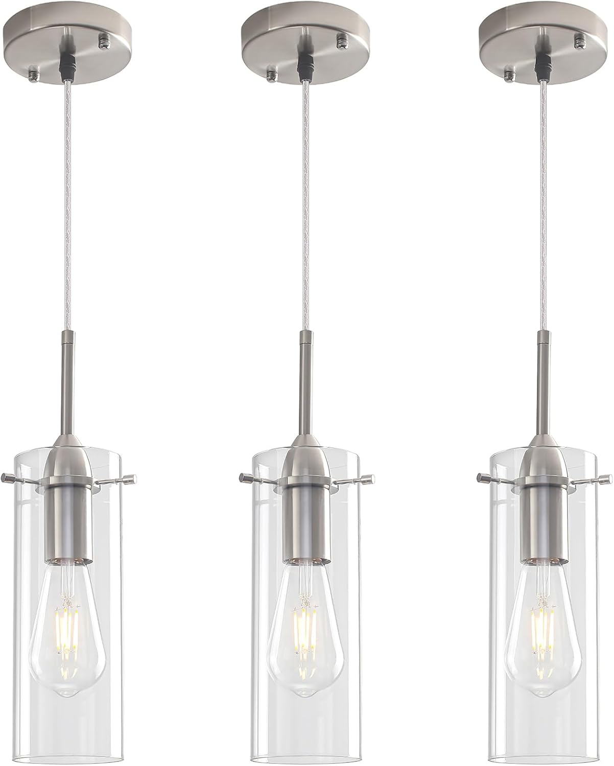 Glass Pendant Lights Kitchen Island 3 Packs, Brushed Nickel Kitchen Pendant Light, Modern Clear Glass Pendant Light Fixture, Hanging Pendant Lights for Kitchen Island Dining Room Hallway
