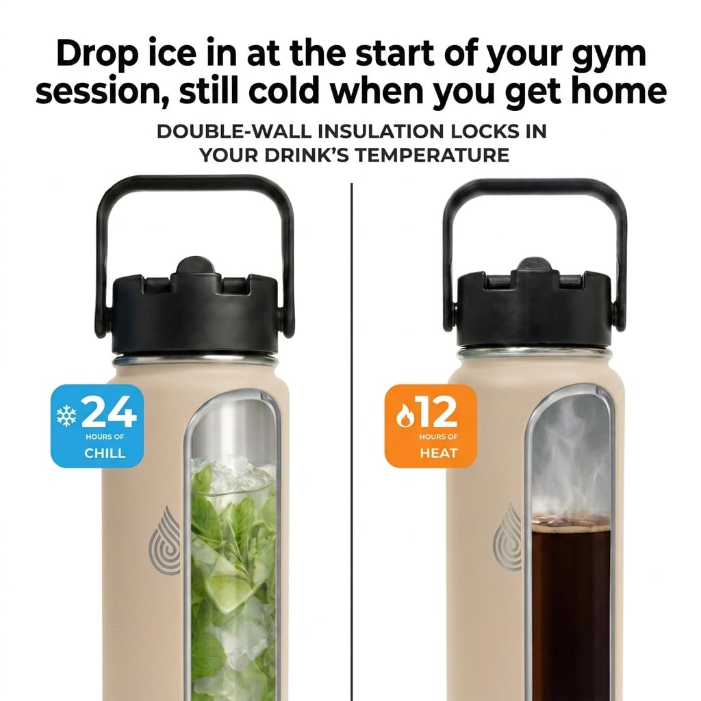 Insulated Metal Water Bottle with Straw 750ml- Stainless Steel Water Bottle, BPA Free, Lid Straw & Spout, Leakproof, 24 Hours Cold & Hot, Work, Travel, Gym Bottle for Men & Women - Sandstone -Daydrate - 2