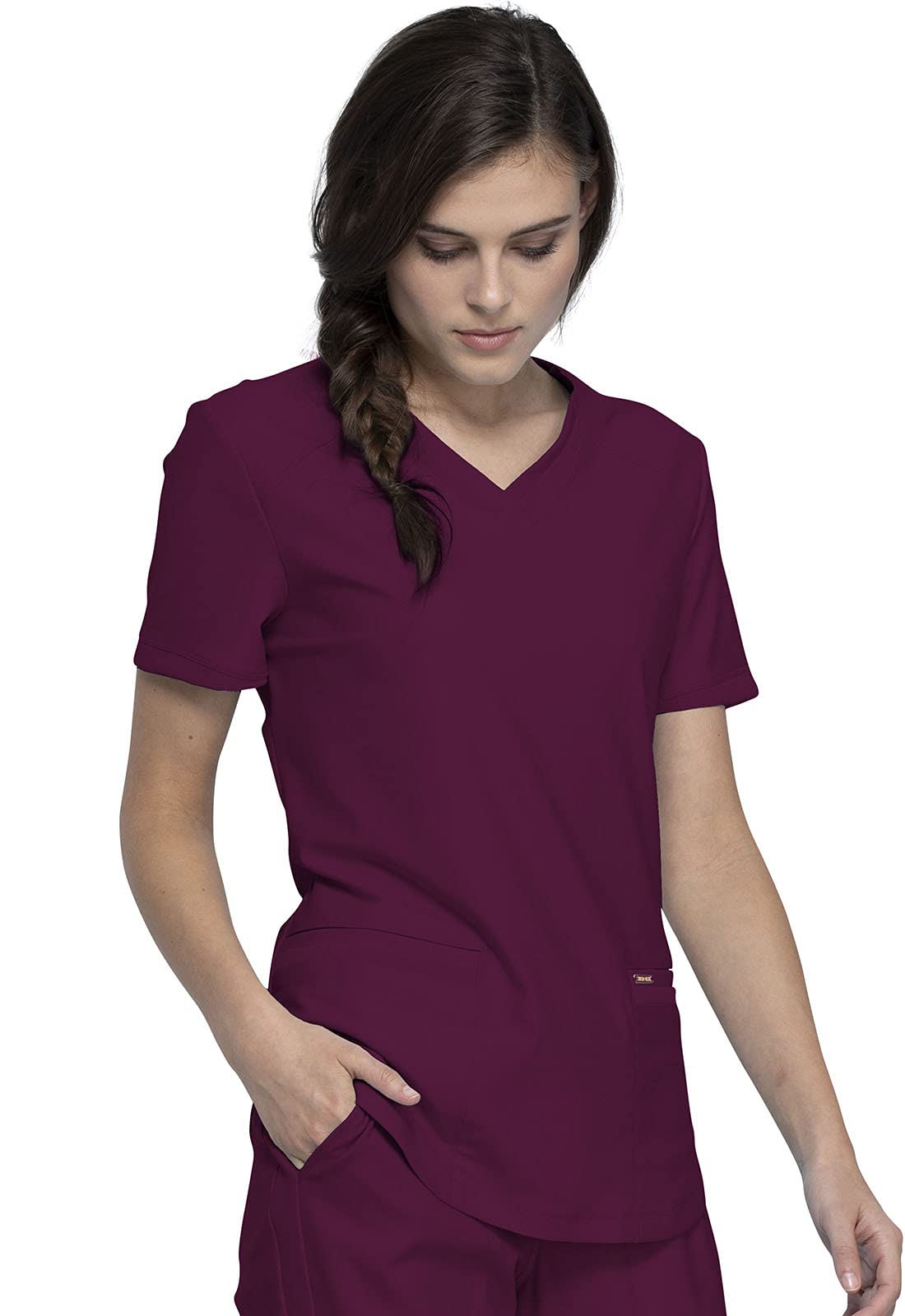 Cherokee CK095 - Conjunto de ropa quirúrgica para mujer, 7 bolsillos, cuello en V, dobladillo curvado CK840 y pantalón de pierna cónica de tiro medio con cordón